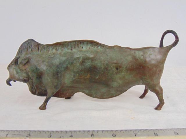 Bronze bull, signed, stylized bull with extended body, (1 of 7)