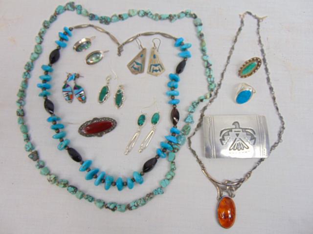 Lot sterling jewelry, Native Indian belt buckle, silver (1 of 11)