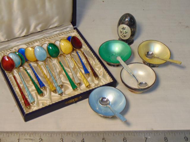 Silver enamel salts, spoons & salt shaker, includes 12 (1 of 9)