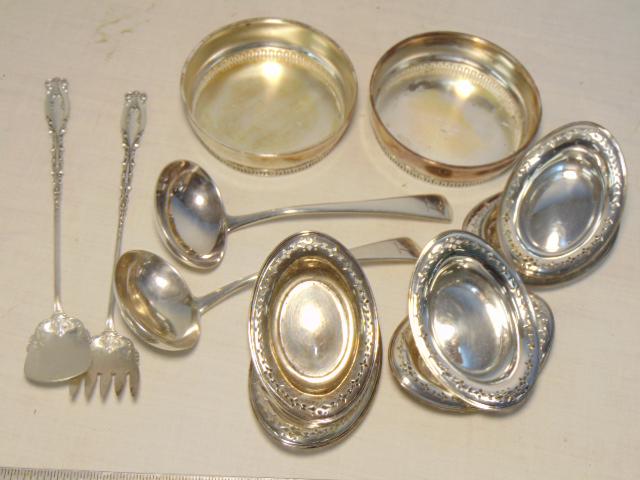 6 sterling silver nut dishes by Tiffany, 2 '825 silver: 6 sterling silver nut dishes by Tiffany, 2 '825 silver wine bottle coasters pair of hallmarked ladles & 2 long sterling silver knife & spoon serving pieces, 17 troy