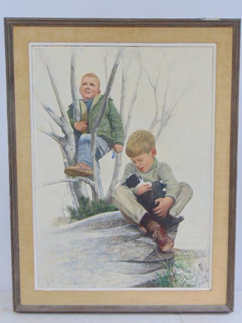 Painting, 2 boys in tree, kitten, Doares, illustration: Painting, 2 boys in tree, kitten, Doares, illustration scene on board, painting is 29.5" by 21.5", Robert Doares.