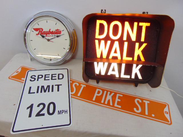 Advertising clock "Don't Walk" sign & 2 road signs, (1 of 8)