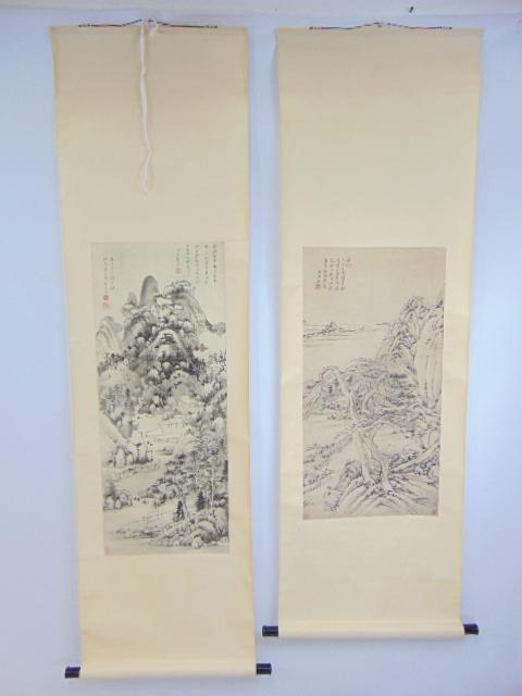 2 Chinese scrolls, landscapes with temples, figures, (1 of 13)