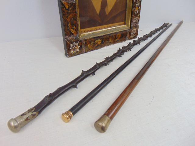 Folkart frame with Lindbergh print & 3 walking canes, (1 of 5)