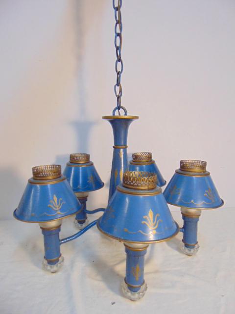 Tole paint decorated hanging fixture, 5 arms, in blue (1 of 5)