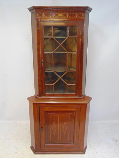 Inlaid mahogany corner cabinet, inlaid bottom door,: Inlaid mahogany corner cabinet, inlaid bottom door, paneled glass top door, cabinet is 2 pieces, height is 74.5".
