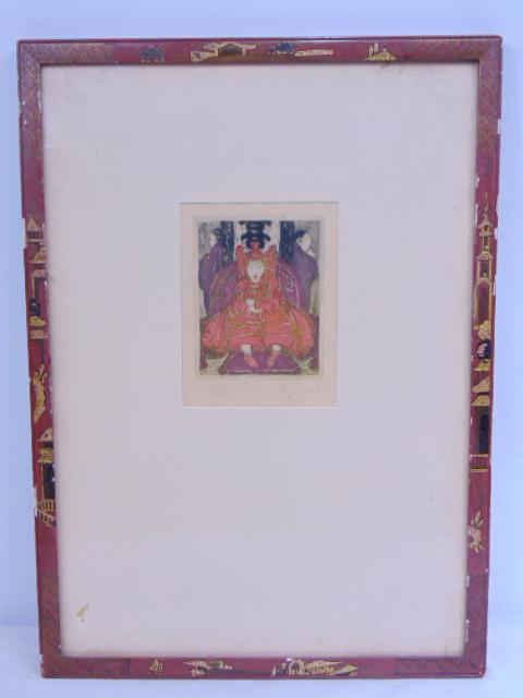 etching, Asian, figure on chair flanked by servants (1 of 7)