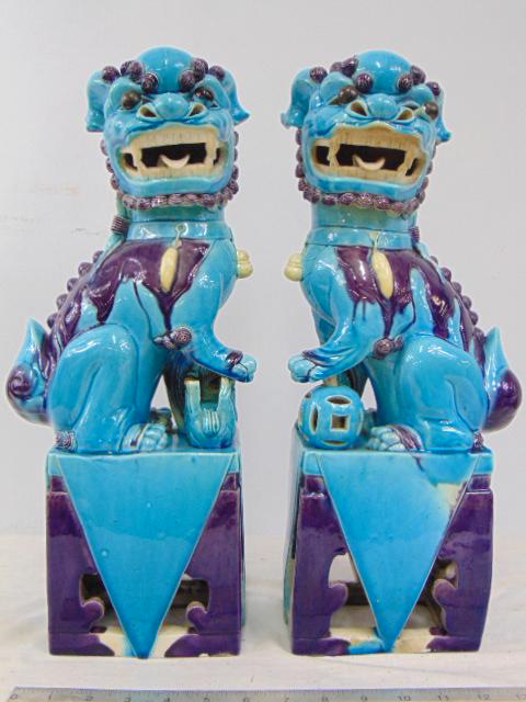 Pair ceramic foo dogs in glazed blue & purple, foo dogs (1 of 7)