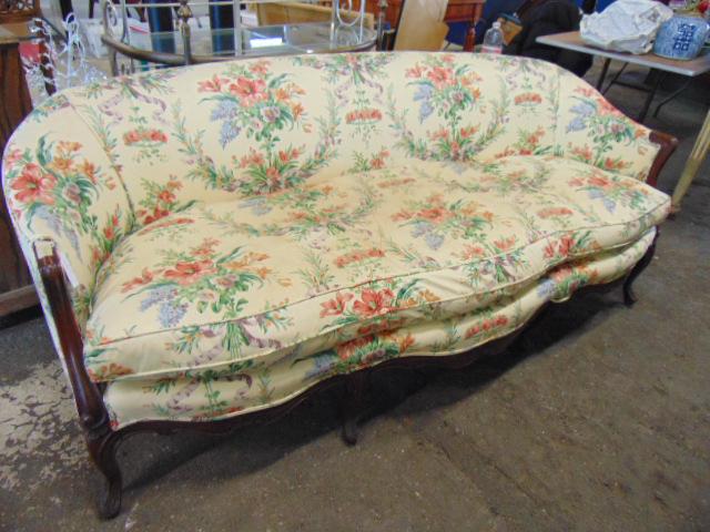 Floral upholstered sofa, carved wood frame, sofa is 75" (1 of 5)