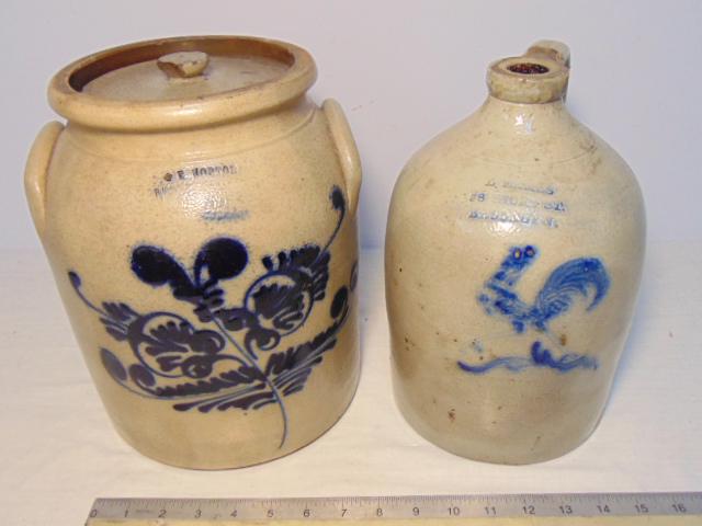 Stoneware crock & jug, crock by E. Norton, town (1 of 6)