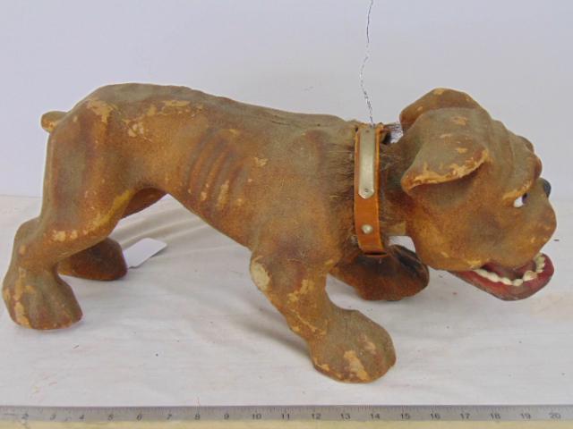 French bulldog growler, paper Mache, worn, loss of fur: French bulldog growler, paper Mache, worn, loss of fur as is