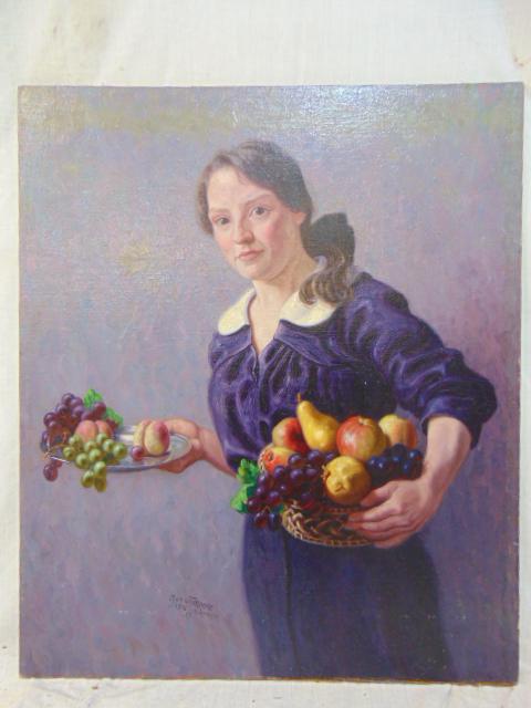 Painting, lady holding fruit bowls, Mich. VanLaeke, Kortrijk 1916, oil on canvas on wood panel, 38" (1 of 6)