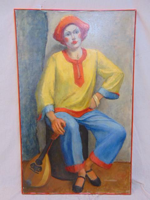 Painting, clown, signed Mardee, oil on canvas, seated figure in clown makeup holding mandolin, 52" (1 of 7)