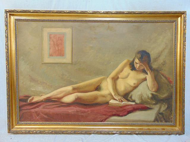 Painting, reclining nude, A. Van 't Hoff, (Annaleida ? ), oil on canvas, nude on bed, reading, in: Painting, reclining nude, A. Van 't Hoff, (Annaleida ? ), oil on canvas, nude on bed, reading, in gilt frame, canvas is 38.75" by 59", has 6" tear left side just above her feet From an accumulated col
