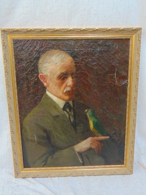 Painting, portrait man with parrot, Paxson, 1916, oil on canvas, has several old repairs, two tears, (1 of 6)