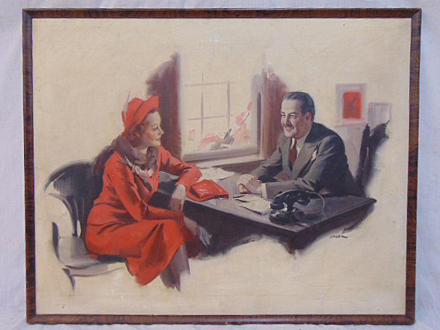 Painting, interview, illustration art, signed illegible, woman in red dress & man in suit by desk, (1 of 6)