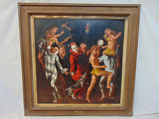Painting, "Promenade", Joseph Sheppard, oil on wood panel, circus scene with various characters, (1 of 11)
