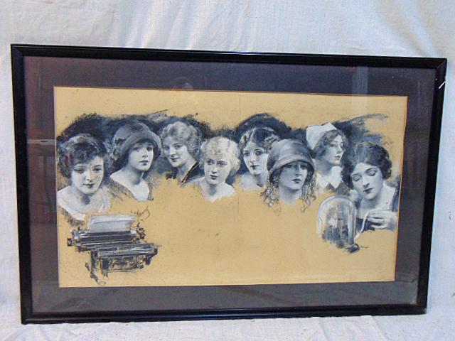 Painting, study with office workers, signed Williams, various portraits, ticker machine & (1 of 8)