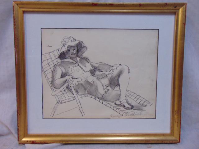 Drawing, lady in recliner, Harry Gottlieb, 10.5" by 13.25", in gilt frame From an accumulated: Drawing, lady in recliner, Harry Gottlieb, 10.5" by 13.25", in gilt frame From an accumulated collection of artwork collected over the last 20 years.