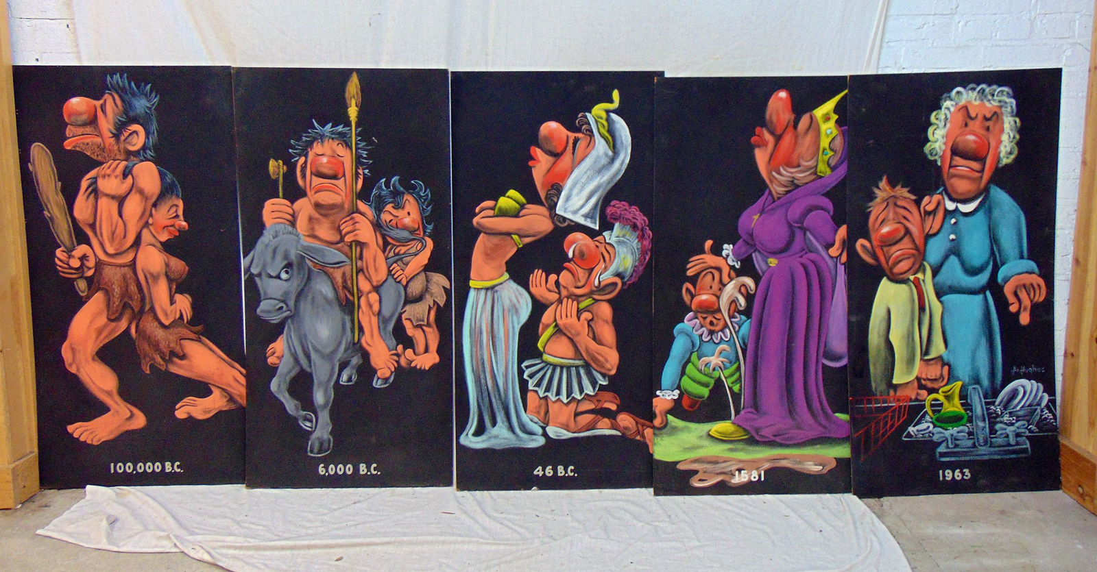 5 paintings, caricatures, A. Hughes, 5 oil on Masonite panels showing various figures through the: 5 paintings, caricatures, A. Hughes, 5 oil on Masonite panels showing various figures through the centuries, from 100,000BC to 1963, male female relationships, all in caricature satire, one is signed