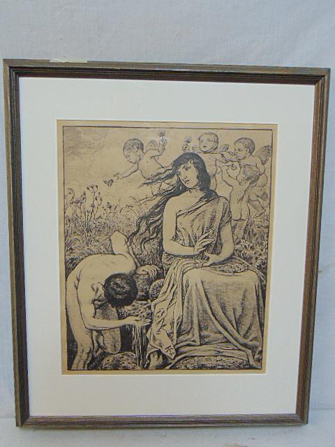 Woodblock print, "Quellnymphe", Hans Thoma, copyright 1895, 17.5" by 14.5", old label preserved on (1 of 6)