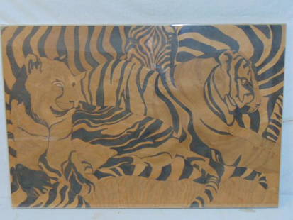 Drawing, tigers, unsigned, watercolor on brown paper, several tigers, paper has several small tears,: Drawing, tigers, unsigned, watercolor on brown paper, several tigers, paper has several small tears, framed behind Lucite, 23.75" by 35.75"