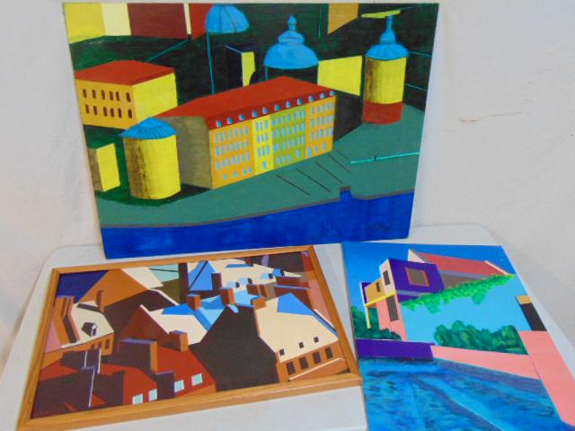 3 paintings, various houses, streets, Harold A. Miller, study bungalow with pool, 23.75" by 17.5"; (1 of 6)