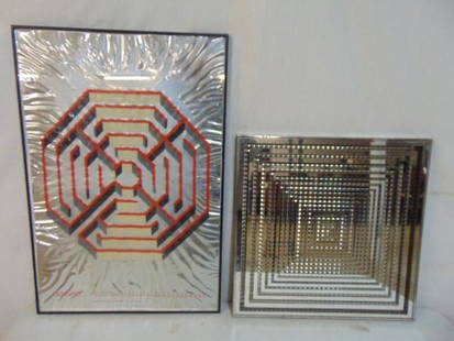 Mixed media art, 2 pieces, Geometric design, Lucio Del Pezzo, blue & black maze design on silver: Mixed media art, 2 pieces, Geometric design, Lucio Del Pezzo, blue & black maze design on silver background, silver is "rippled", glass cracked, as found, 29" by 19.5" & mirror sculpture with