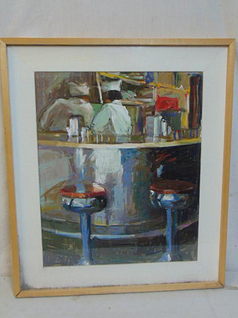 Painting, "B&L Cafe II", Jodie dePew McLeane, watercolor on paper, showing a bar with stools & (1 of 6)