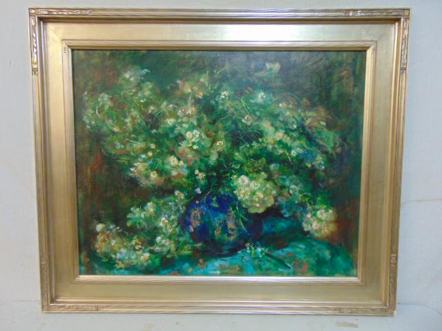 Painting, floral still life, flowers in vase, unsigned, oil on Masonite, in quality gilt silvered: Painting, floral still life, flowers in vase, unsigned, oil on Masonite, in quality gilt silvered frame, painting is 24" by 30"