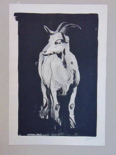 Lithograph, Goat, signed Joseph Cornell, signed in pencil, print is 36.75" by 25.75", edition 45/45,: Lithograph, Goat, signed Joseph Cornell, signed in pencil, print is 36.75" by 25.75", edition 45/45, minor old mark lower right corner, otherwise in good condition, unframed. From the estate of Seena