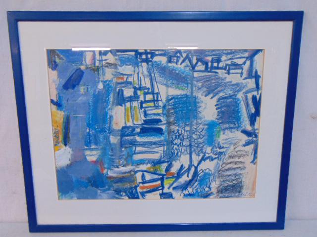 Painting, abstract harbor scene, Vaclav Vytlacil, mixed media on paper (oil & watercolor), 1973, (1 of 6)