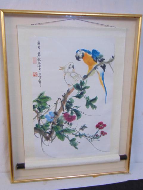 Chinese scroll, parrots on blossom branch, watercolor & ink on paper, signed and sealed, scroll (1 of 6)