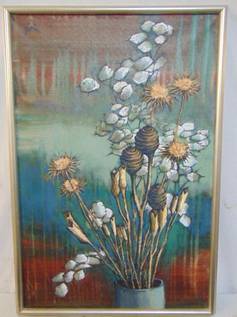 Painting, still life thistles, Martin Jack Zipin (Zippin), oil on canvas, thistles in a vase, 30" by (1 of 5)