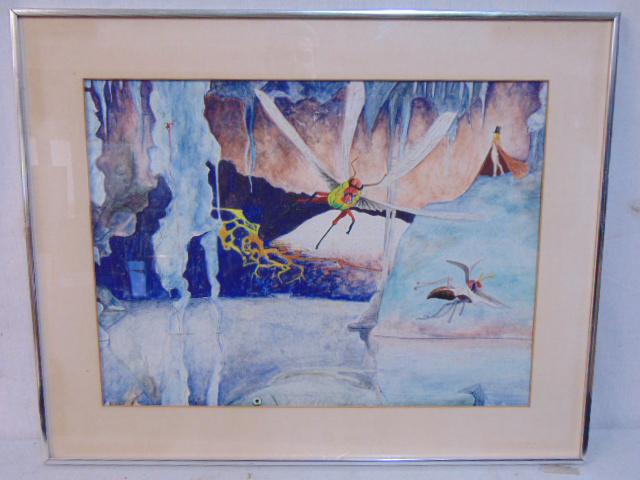 Painting, surreal scene, insects, woman, fish, unsigned, watercolor on paper, 17.25" by 23.5" (1 of 6)