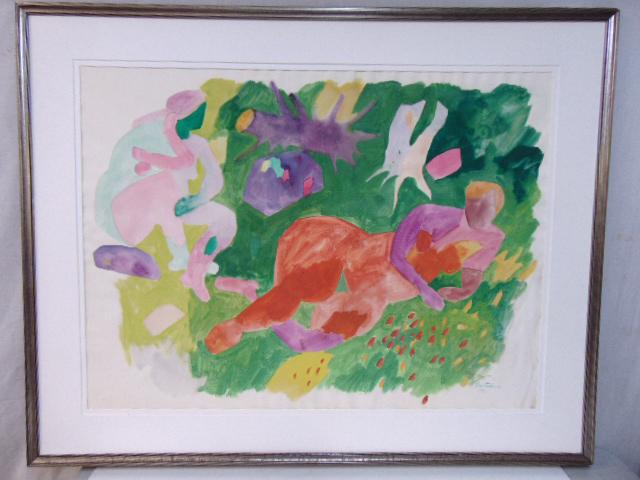 Painting, figures in landscape, Gregorio Prestopino, watercolor on paper, 28.5" by 38", glass (1 of 4)