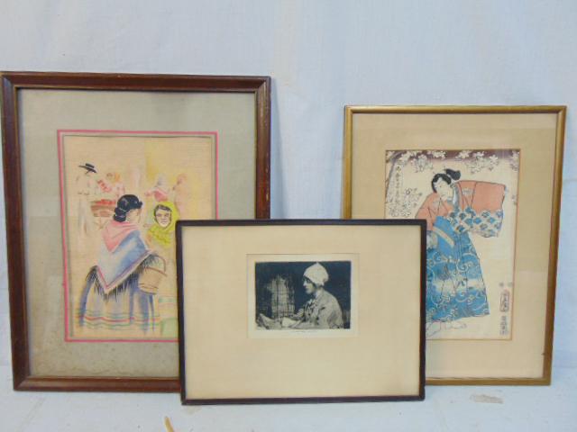 Art lot, etching, Lee Hankey, Toyokuni, Spanish watercolor, Japanese woodblock, 2 women with market (1 of 11)