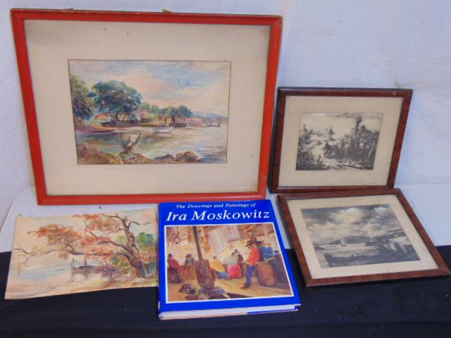 Art lot, Ira Moskowitz, 2 watercolors, 2 etchings & book, pastel, watercolor, boats near dock, 9: Art lot, Ira Moskowitz, 2 watercolors, 2 etchings & book, pastel, watercolor, boats near dock, 9 3/8" by 13 3/8"; watercolor, tree by river, (unframed), 9" by 12".