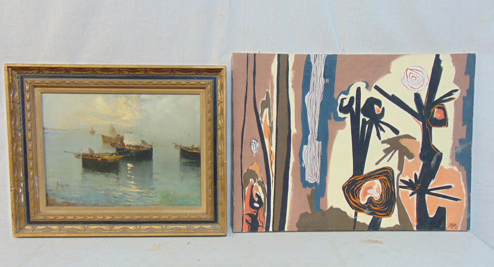 2 paintings, oil, Pergall, Laynor, figures in small fishing boats, oil on canvas, signed Pergall, (1 of 7)