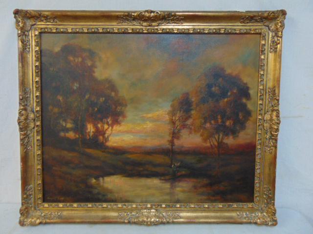 Painting, landscape with figure, Franklin E. Booth, oil on canvas, landscape under twilight skies (1 of 6)