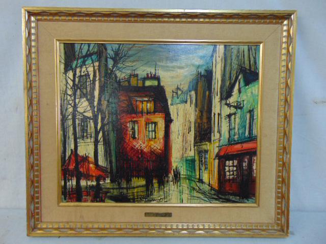 Painting, French street scene, signed Bernard, oil on canvas, mid Century city scene, linear, canvas (1 of 5)