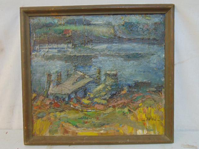 Painting, dock by pond, John Winkel, 1940, oil on Masonite, (signed initials J.W.), painting is (1 of 6)