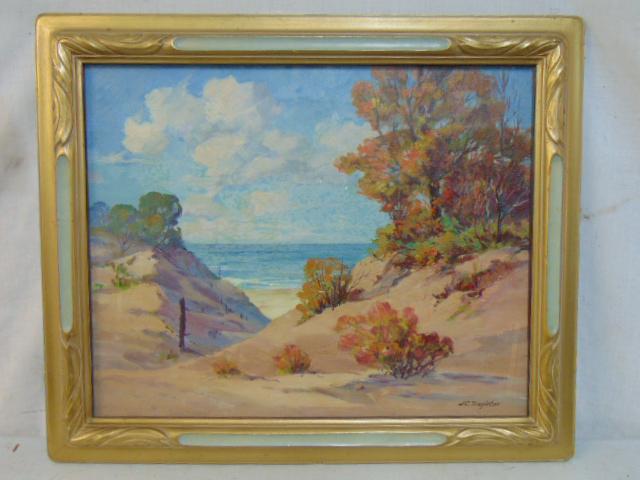 Painting, dunes, shore, signed J.C. Templeton (John Cowen), oil on canvas, 16" by 20", sea or lake (1 of 5)