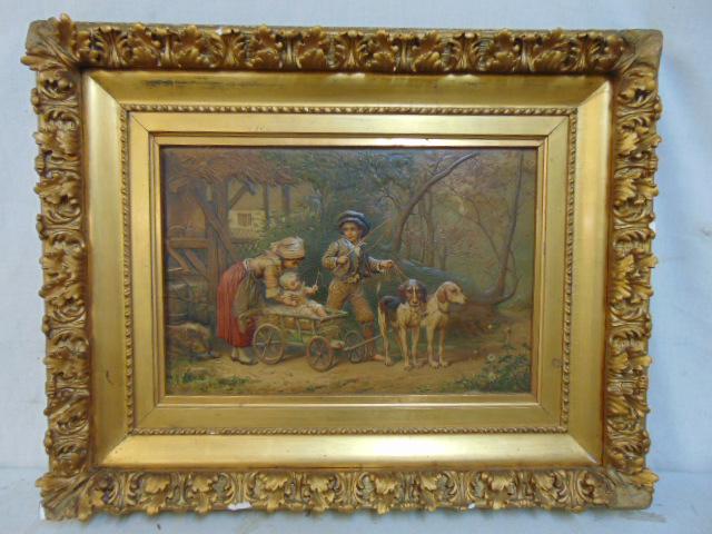 Chromo litho in relief, boy & girl with baby in dog drawn cart, in ornate gesso gilt frame, some (1 of 5)