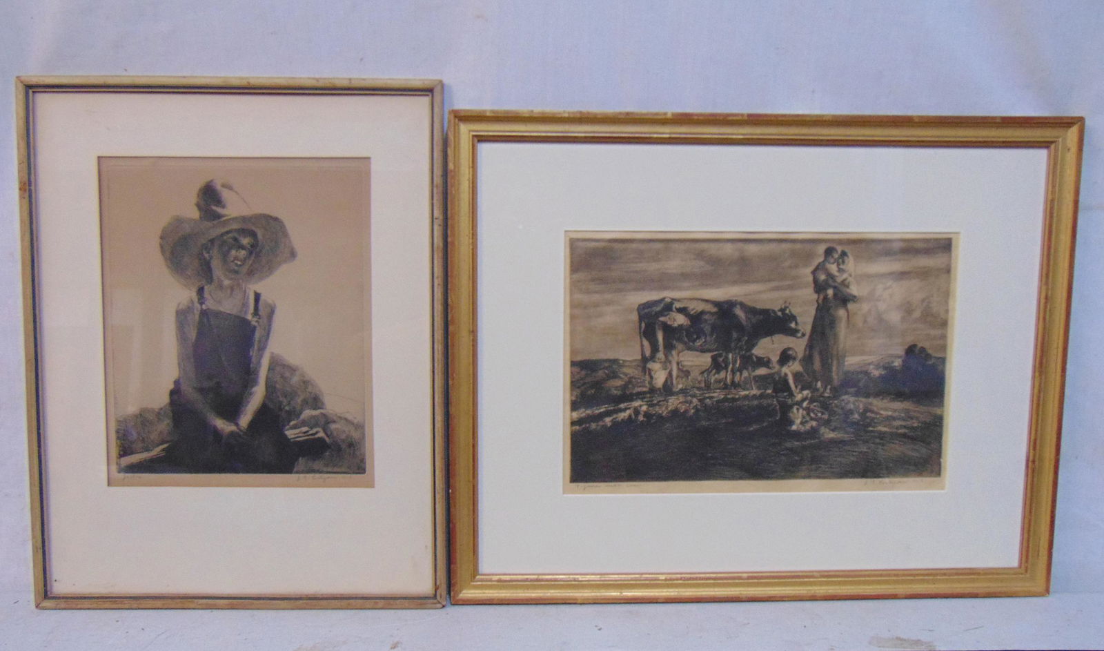 2 etching, John Edward Costigan, "Jackie" & "figures with cow" both signed, figures with cow is 9 (1 of 9)