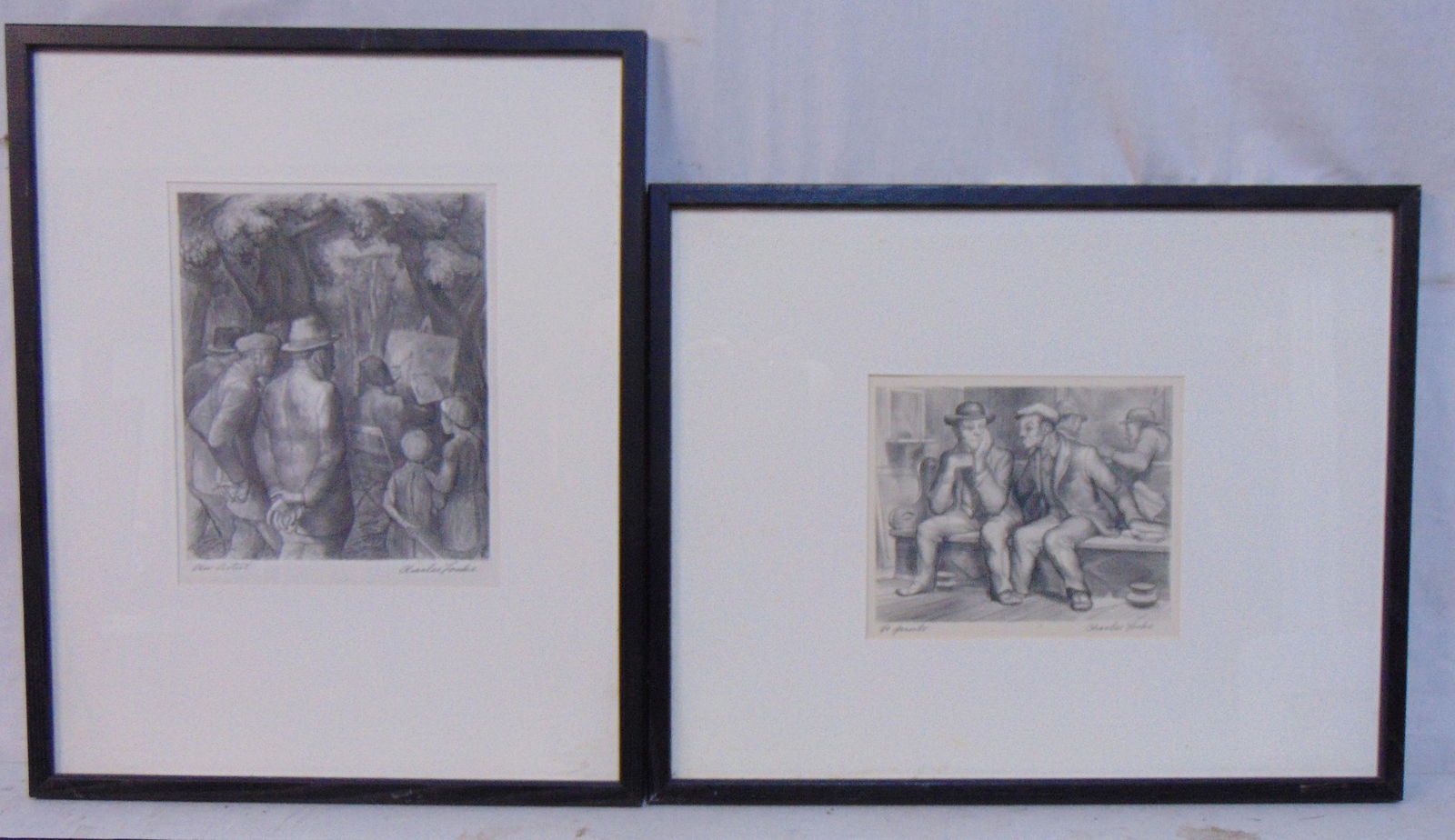 2 lithographs, Charles Wheeler Locke, "An Artist", 11" by 8.75", & two figures on a bench, 7.25" by (1 of 7)