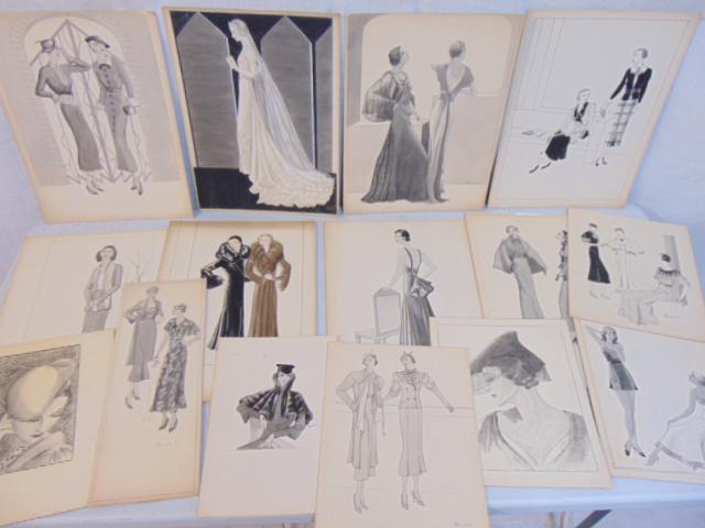 15 fashion drawings, A. Kleindienst, pen & ink, pencil drawings of clothing, fashion designs, mid (1 of 12)