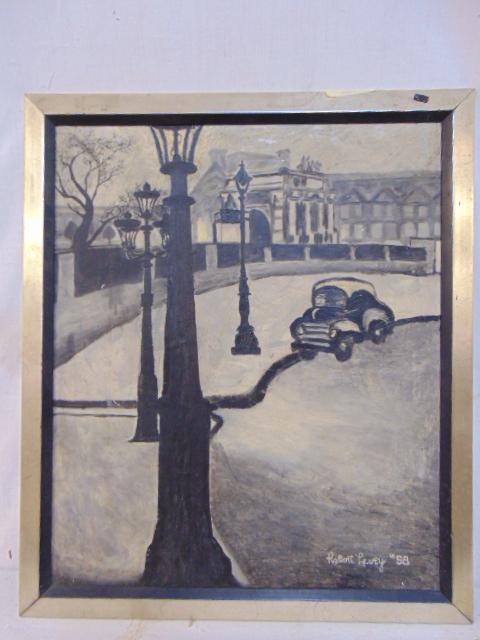 Painting, Street scene with car, Robert Levey, 1958, oil on canvas, 25" by 21"  Part of a collection (1 of 4)