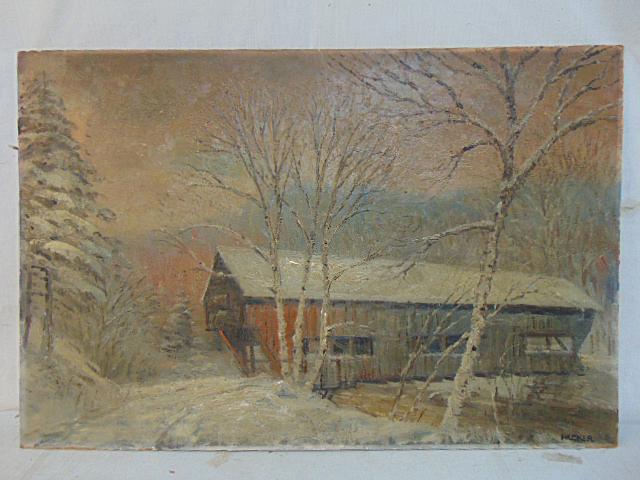 Painting, covered bridge in winter, signed Packer, oil on Masonite, covered bridge in red paint in (1 of 4)
