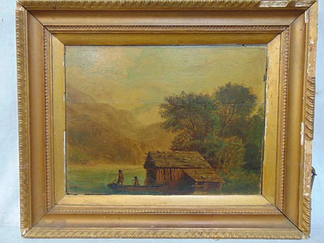 Painting, figures in shack by river, oil on wood panel, signed "W", panel has horizontal split, 11 (1 of 6)